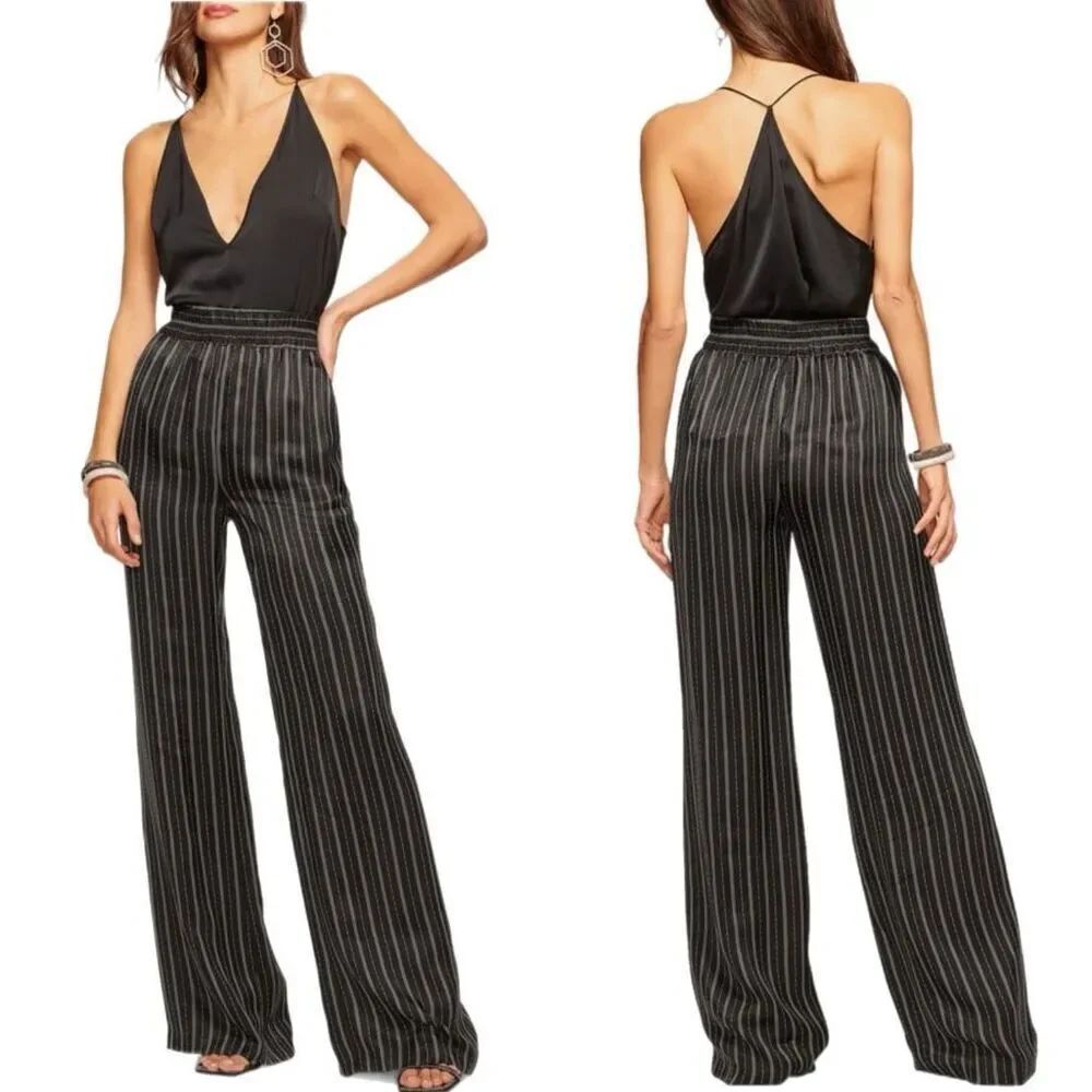 NWT Ramy Brook Anahi wide-leg striped pants with Black and white dash stripes Si